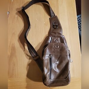 BULLCAPTAIN Genuine Leather Men Sling Crossbody Shoulder Travel Bag Brown